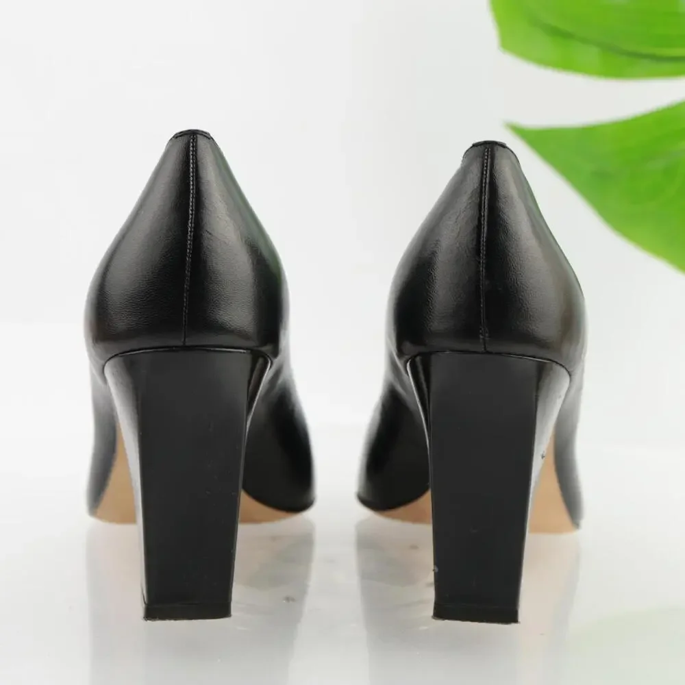Tahari Womens Bennett Pump Size 9.5 Black Leather Block Heel Peep Toe Chain Shoe